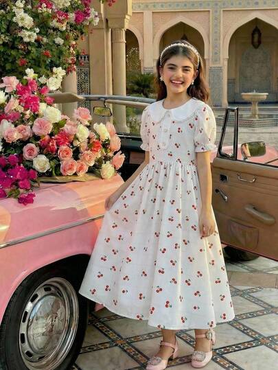 SHEIN Girls' Casual Fashion Cherry Digital Printed Fabric Shirt Collar Lace Decoration Dress With Loose, Comfortable, Soft, Practical And Versatile Design Suitable For Autumn, Spring, Summer, Daily Wear, Commuting, Outdoor Play, School, Streetwear, Parties And Photography