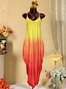 Eryvara 女士春夏V领宽松渐变印花长连衣裙，带肩带，春夏连衣裙，肩带连衣裙，春季服装，肩带连衣裙，外出装扮，时尚休闲性感肩带连衣裙 - 黃色 - 查看 5