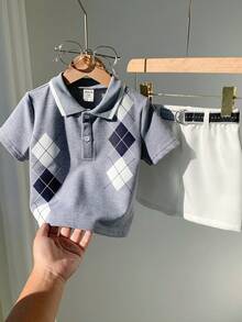 SHEIN 2件套男婴夏季休闲可爱灰色短袖polo衫和松紧腰短裤套装，配有腰带，适合生日派对、锐舞派对、晚宴、演出、婚礼、迎婴派对和一周岁生日庆祝活动。 - 彩色 - 查看 5