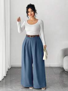 Elenzga 大码女式纯色米色阔腿裤，优雅款式，时尚百搭，适合通勤和办公穿着 - 藍色 - 查看 1