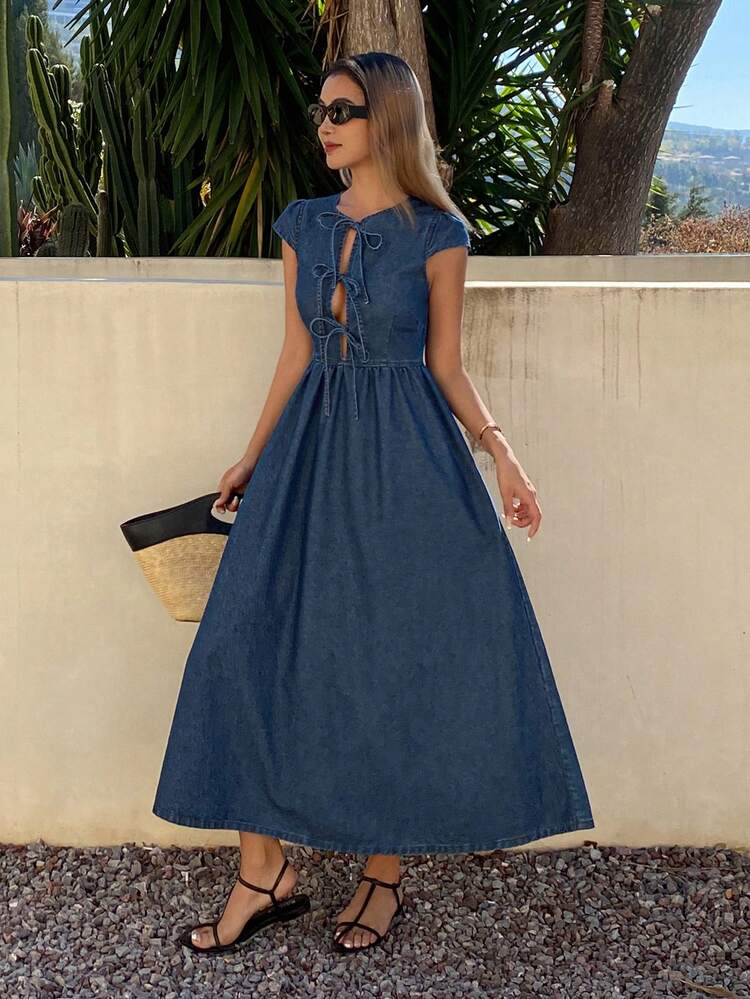 Women's Round Neck Tie Design Waist Cinched Long Casual Denim Dress, Vacation Style Maxi Dress