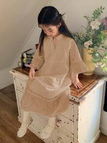 Dazy Kids 女童宽松休闲度假风中长连衣裙，夏季新品 - 卡其色 - 查看 4