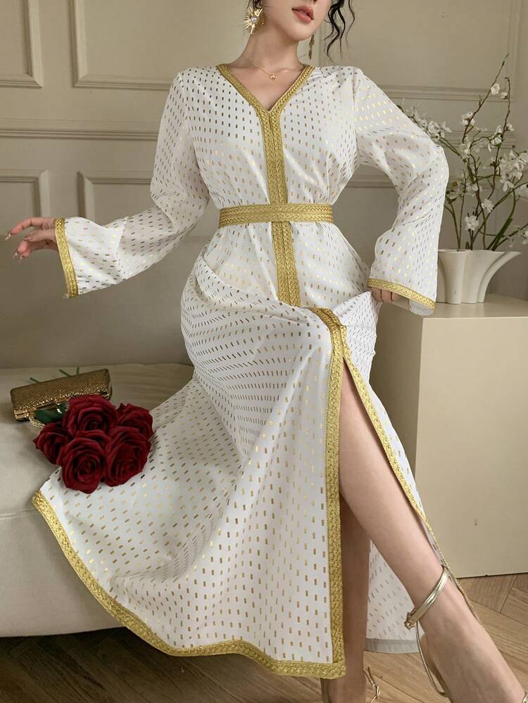 Women's V-Neck Gold Printed Cinched Waist Waist Elegant Dress For Formal Events Sundress