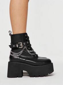 ROMWE Grunge Punk Giày bốt cổ ngắn đế cao buộc dây phong cách punk đường phố dành cho nữ, mang hơi hướng thẩm mỹ tối màu, gợi cảm và cá tính với dây xích kim loại có khóa điều chỉnh, khóa kéo bên hông tiện lợi, hoàn hảo cho các câu lạc bộ đêm, lễ hội, tiệc tùng và các lễ hội âm nhạc. - màu đen - Xem 4