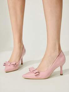 CUCCOO CHICEST 四季新款蝴蝶结尖头细跟中跟优雅通勤风简约舒适绿色漆皮女士高跟鞋，适合圣帕特里克节、圣诞节、约会、下午茶、职场时尚等场合。 - 淺粉色 - 查看 4