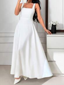 SHEIN Abito lungo da donna bianco con decorazioni in perle - Senza maniche, collo quadrato, vestibilità aderente e ampia, abito elegante da cerimonia serale - Bianco - Visualizzare 4