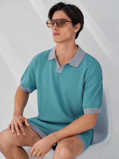 RONVEXI Conjunto de suéter de punto informal con top de manga corta y pantalones cortos de color contrastante para hombre