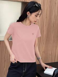 DAZY Women Summer Casual Solid Color Short Sleeve T-Shirt With Heart Embroidery Valentine Valentine's Day Old Money Style Business Casual Woman Work Clothes - Pink - View 3