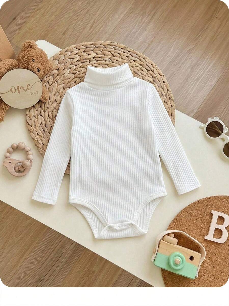 Baby Girl Rib-Knit Turtleneck Bodysuit - White - View 1