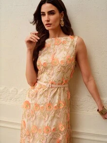 ZEYLAH Đầm chữ H ôm sát, phối ren thanh lịch, thích hợp cho mùa xuân/hè. - Màu be - Xem 5