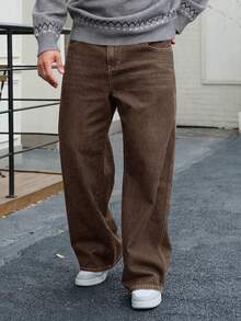 DAZY Men's Autumn Navy Blue Raw Denim Wide Leg Jeans With Patch Design - Brown - View 4