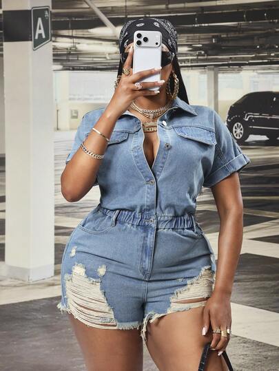 Slaydiva 大码女式无弹力牛仔连体裤，蝙蝠袖水洗做旧休闲松紧腰连体裤