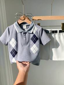 SHEIN 2件套男婴夏季休闲可爱灰色短袖polo衫和松紧腰短裤套装，配有腰带，适合生日派对、锐舞派对、晚宴、演出、婚礼、迎婴派对和一周岁生日庆祝活动。 - 彩色 - 查看 8