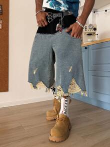 STEELVANCE 男士休闲拼接毛边多色牛仔短裤，街头风 - 彩色 - 查看 4