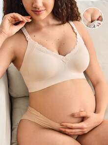 女士无缝V领蕾丝舒适聚拢可拆卸衬垫孕妇哺乳文胸 - 粉色 - 查看 6