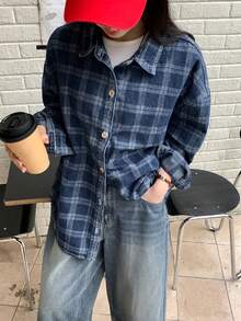 DAZY Women's Turndown Collar Loose Plaid Long Sleeve Casual Washed Checkered Denim Blouse - Medium Wash - View 6