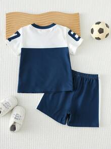 Cozy Pixies Kids Baby Boy Summer V-Neck Short Sleeve Shorts Sports Suit, Letter Print Soft Knit Crew Neck Tee And Elastic Waist Shorts 2-Piece Set, Suitable For Match, Sports, Competition, Basketball, Football, Table Tennis, Baseball, Badminton, Ball Games, Running, Casual Sports, Outdoor Play, Multi-Occasion, Suitable For Summer - Multicolor - View 2