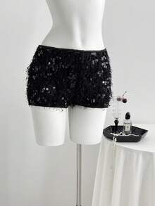 Elamini 哥特风女士低腰蓬松亮片性感迷你短裤 - 黑色 - 查看 5