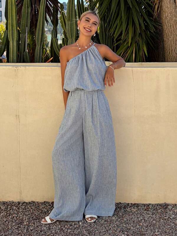 Livesso Petite Women's Vacation Fashion Asymmetric Neck Ruched Top And Loose Long Pants Two Pieces Set