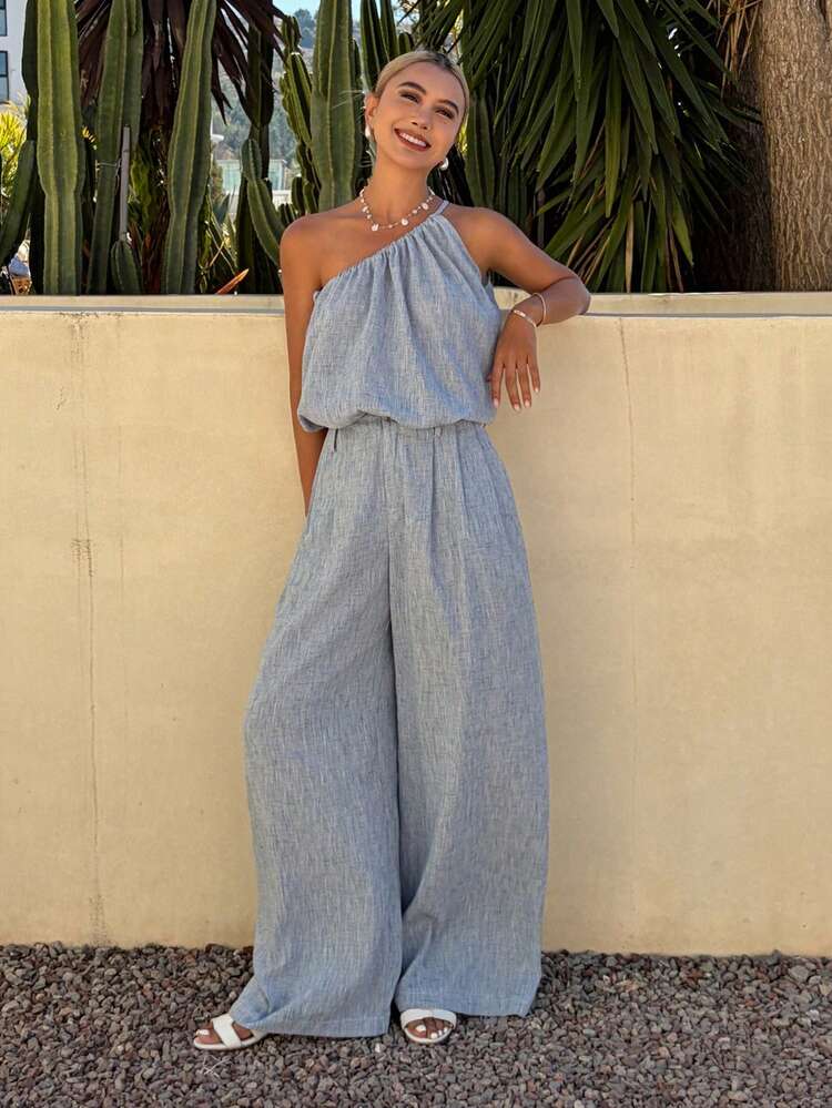 Women's Summer Fashion Asymmetric Shoulder Blue Crop Top And Straight Leg Casual Pants 2-Piece Set, Suitable For Business, Casual, Home And Holiday Occasions, Showcasing Elegant Style