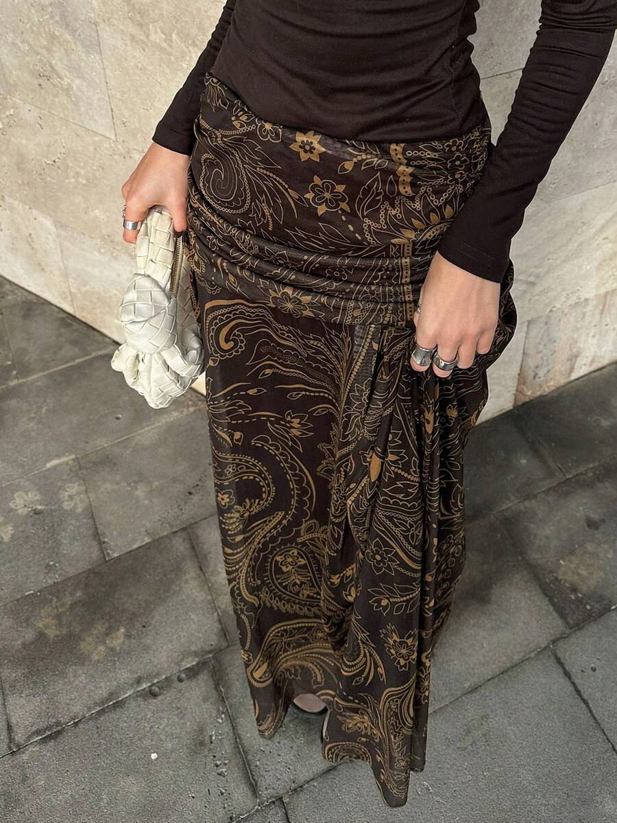 Livesso 宽松休闲度假风时尚棕色波西米亚海滩几何花卉复古印花褶裥网纱拼接A字裙，春夏款 - 棕色 - 查看 1