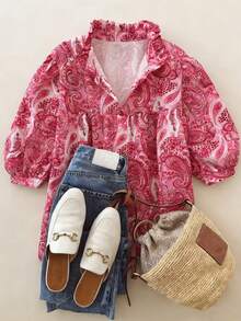 Voyazaga 2026 Plus Size Women's Spring/Summer New Arrival Rose Pink & White Floral Patterned Fashionable Casual Versatile V-Neck Shirt Perfect For Spring And Summer Outfits - Pink - View 3
