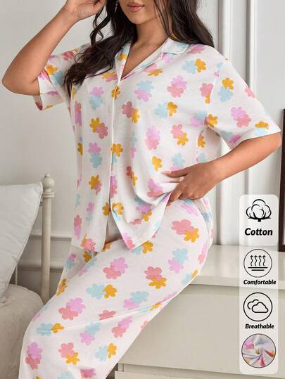 EURMUSE Women Plus Size Cotton 2pcs Button Front Detail Multicolour Floral Patterned Shirt&Long Pants Homewear Comfort Pajama Set Curve Pajamas Set Sleep Wear Women Sets Comfy Pajamas Set Summer Sleep Wear Sets Pajamas Set For Woman Plus Sleepwear