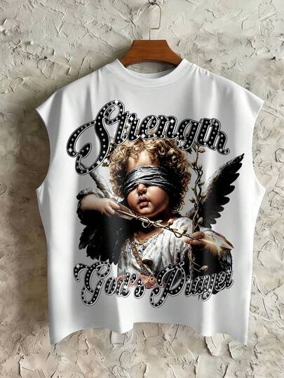 STEELVANCE Camiseta de tirantes con estampado de letra de ángel Cupido con diamante de imitación, de moda casual para hombres de talla grande, adecuada para el uso diario en verano