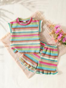 SHEIN Playful Pals 女童（小号）卡其色提花针织无袖上衣和短裤套装，休闲简约夏季日常穿搭 - 彩色 - 查看 3