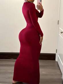 INAWLY Solva Đầm suông dài tay cổ tròn màu trơn mùa thu thanh lịch cho nữ - Màu Đỏ Sâu - Xem 2