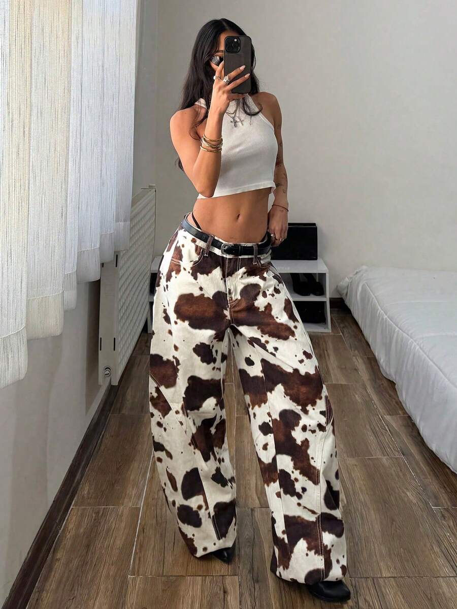 StreetHx Quần jeans ống loe họa tiết da bò kiểu retro dành cho nữ - Nhiều màu - Xem 1