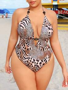 Swim SXY Costume da bagno intero sexy con stampa leopardata, adatto per taglie comode, per vacanze al mare - Multicolore - Visualizzare 6
