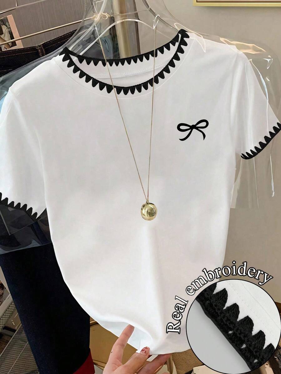 Resyla Women's Contrast Trim Bow Embroidered Casual Round Neck Short Sleeve T-Shirt, Summer - Multicolor - View 1