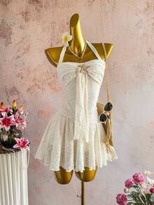 Elamini 女士春夏休闲时尚日常百搭派对纹理面料金属海星吊带蝴蝶结迷你连衣裙，杏色 - 米色 - 查看 1