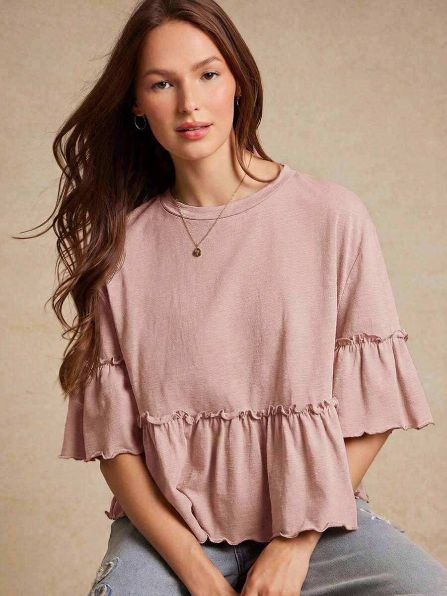 Slub Knit Crewneck Ruffle Sleeve Peplum T-Shirt Back To School Cute Fall Country Concert - Dusty Pink - View 1