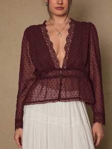 Freevana Plus Size Romantic Elegant Black Lace Patchwork Long Sleeve Blouse For Women - Rust Brown - View 5