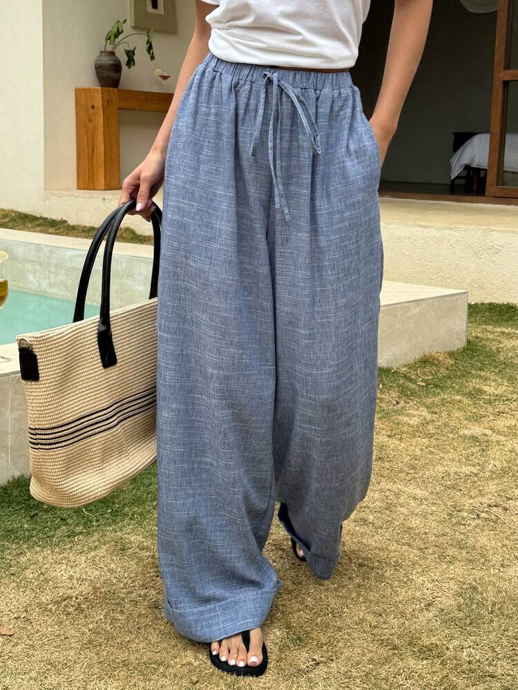 Women's Elastic Waist Drawstring Tie Wide Leg Pants, Casual City Wear Trousers