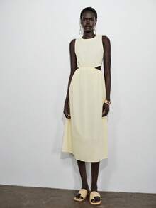 Lumivelle 女士优雅无袖圆领中长款亚麻质感连衣裙，夏季 - 黃色 - 查看 6