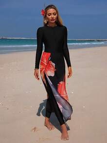 Swim Shayni 新款黑色长袖泳衣，搭配红色花卉印花网纱裙摆，两件套 - 彩色 - 查看 1