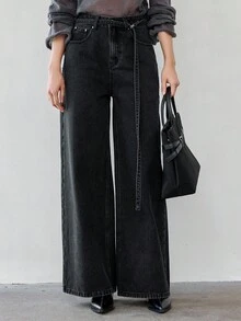 DAZY Women's Pocket Button Versatile Korean Style Loose Casual Wide-Leg Jeans - Grey - View 4