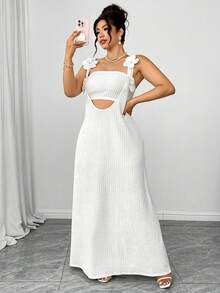 Elenzga Plus Size White Summer Elegant Holiday Party Pleated Textured Knit 3D Floral Maxi Dress & Fitted Cropped Camisole 2 Piece Set For Outing,Vacation - White - View 5