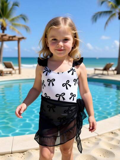 Sparklyn Girls (Small) Black & White Ruffle Trim Contrast Color Bow Decor 2pcs Set Swimsuit