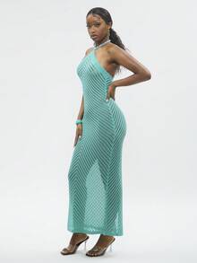 Modviera 女士纯色简约日常条纹半透明针织连衣裙 - 淺藍色 - 查看 5