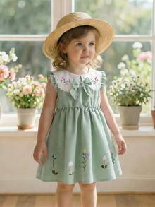 1件女婴夏季新款彼得潘领荷叶边喇叭袖蝴蝶结腰身松紧后襟A字前片刺绣绿色可爱田园风百搭公主裙 - 綠色 - 查看 3