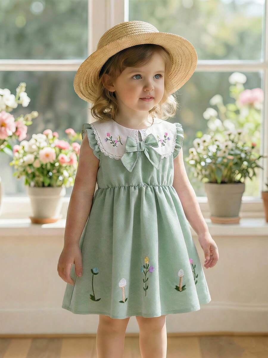 1件女婴夏季新款彼得潘领荷叶边喇叭袖蝴蝶结腰身松紧后襟A字前片刺绣绿色可爱田园风百搭公主裙 - 綠色 - 查看 1