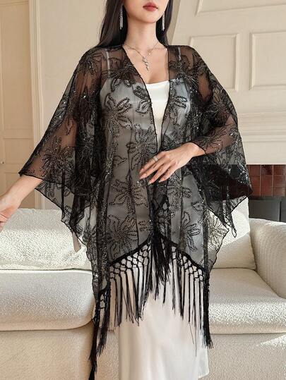 DAZY Women's Elegant Sequin Floral Tassel Blouse, Spring/Summer