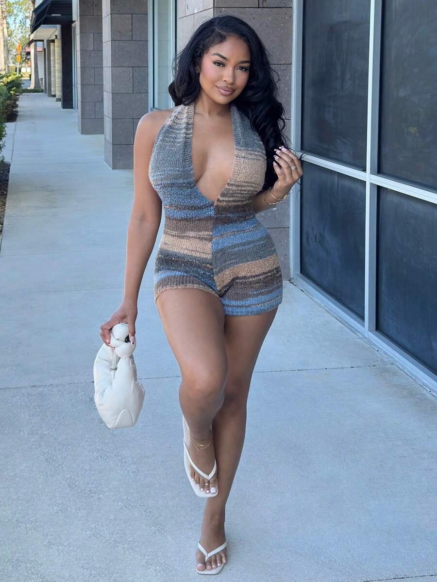 Alexandranx 女士时尚性感撞色条纹露背挂脖针织连体衣 - 彩色 - 查看 1