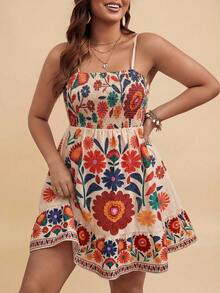 Travachic Plus SIWomen 春假加大码印花荷叶边吊带花裙 - 彩色 - 查看 6