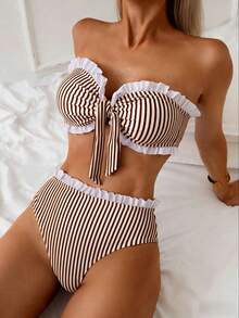 Swim Basics Spring & Summer Beach Vacation Striped Print 2 Pieces Set, Ruched Neckline & Hem, Ruffled Waistband - Coffee Brown - View 3