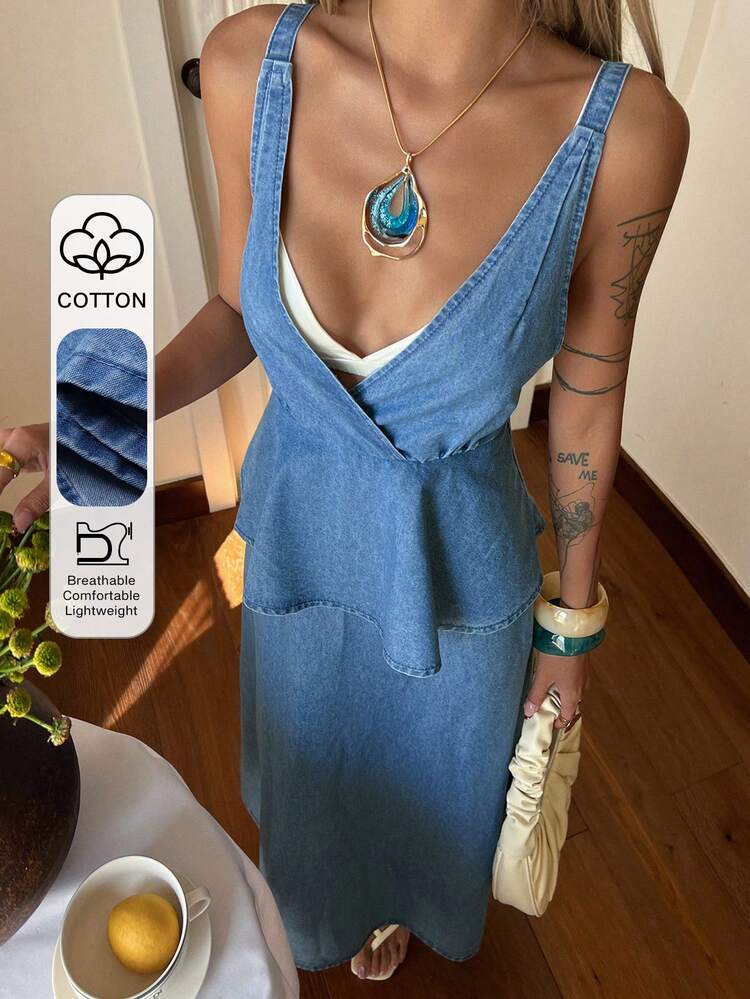 Women's Casual Denim Jumper Dress With Ruffle Strap Dress